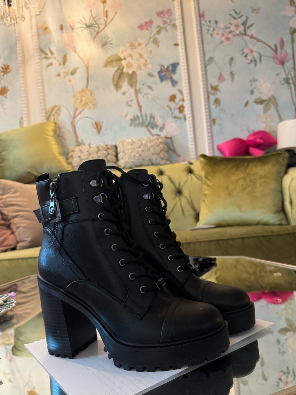 GBG Black Lace-Up Chunky Heel Ankle Boots